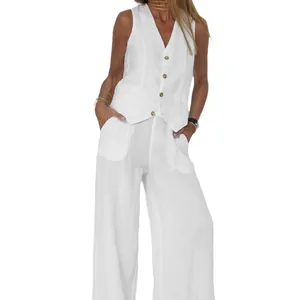 Chic white cotton linen two-piece set featuring a buttoned vest and wide-leg pants