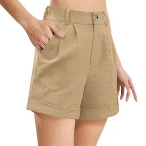 Close-up detail of high-waisted cotton linen casual shorts in khaki with button and pockets