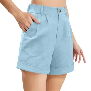 Detailed view of women's light blue high waist cotton linen casual shorts with button
