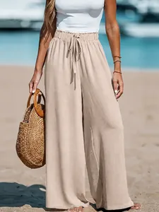 Comfortable women's cotton linen wide leg trousers with drawstring for casual beach wear