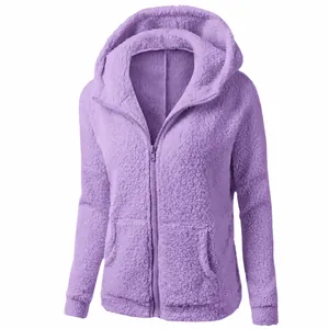 Close-up detail of a purple hooded fleece zip-up jacket for women with soft texture