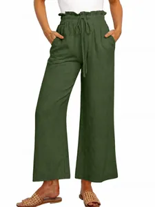 Detailed view of women's olive green elastic waist wide-leg trousers with drawstring