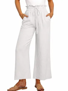 White wide-leg casual trousers with high elastic drawstring waist and side pockets.