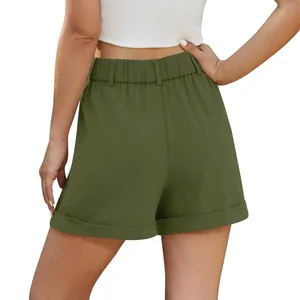 Detailed back view of high waist olive green cotton linen casual shorts for women