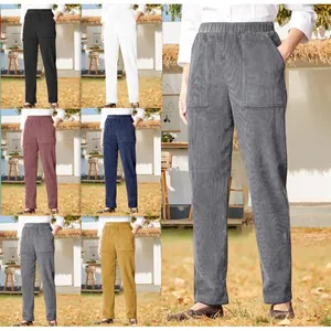 Women Corduroy Straight Leg Pants Casual Solid Color Elastic Waist Trousers With Pockets Spring Autumn Soft Bottom Wear