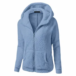 Detailed front view of a women's sky blue fuzzy sherpa fleece zip-up hoodie jacket