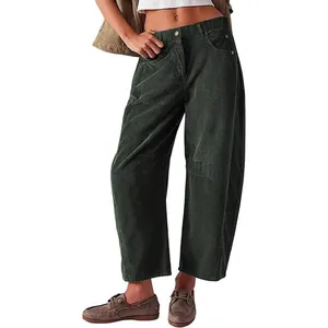 Pantalones informales de pana de talle alto para mujer en verde oscuro, pierna ancha