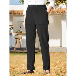 Women's black corduroy straight-leg pants with elastic waist and large front pockets