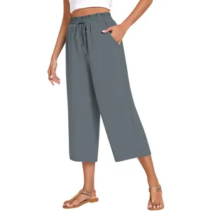 Casual high waisted linen wide leg cropped pants with drawstring for women