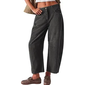 Pantalones de pana gris oscuro para mujer con cintura alta y pernera recta de corte ancho