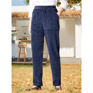 Casual women's navy blue corduroy straight-leg pants with elastic waist and pockets