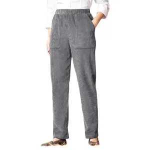 Women's grey corduroy straight-leg casual trousers with elastic waist and pockets.