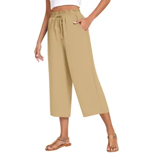 Women's high-waisted linen wide-leg casual pants with drawstring waist and pockets