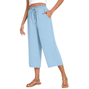 Women's light blue high-waisted linen wide-leg casual pants with drawstring waist