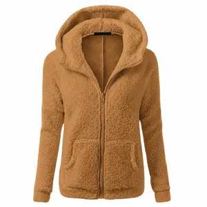 Detailed view of the fuzzy texture and zipper on this women's sherpa hooded jacket
