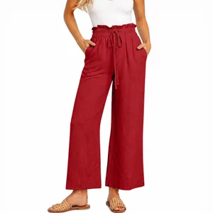 Red wide-leg cropped trousers with elastic drawstring waist for casual summer wear