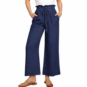 Women's high-waisted navy blue wide-leg trousers with drawstring paper bag waist