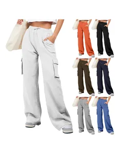 Dames Casual Polyester Cargo Broek Hoge Taille Trekkoord Effen Kleur Ruime Joggers Met Zakken Zachte Comfortabele Sportbroek