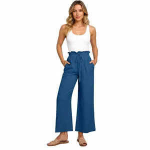 Stylish women's blue wide leg cropped pants with comfortable elastic drawstring waist