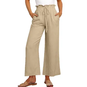 Casual women's high waisted wide leg trousers with drawstring tie in khaki linen