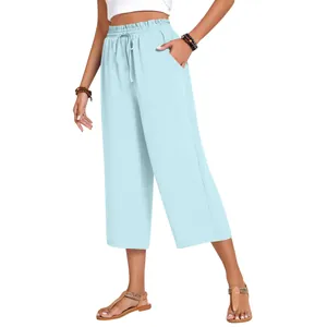 Light blue women's high waisted linen wide leg pants with elastic drawstring waist