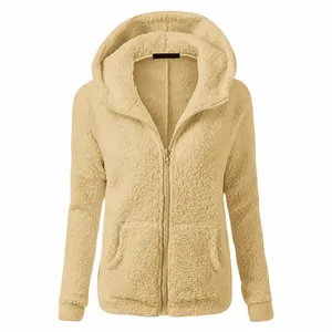 Front view of women's beige hooded fleece zip-up jacket with soft plush texture.