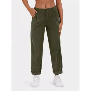 Dames corduroy broek met hoge taille en rechte pijpen in olijfgroen, losse pasvorm