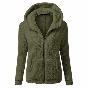 Detailed close-up of a women's olive green fuzzy hooded zip-up fleece jacket for winter