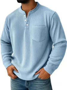 Maglia Henley a Manica Lunga da Uomo Texture a Costine Tinta Unita Casual Vestibilità Regolare Polo Con Tasca per Autunno