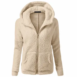 Front view of beige fuzzy hooded zip-up jacket showing soft fleece texture