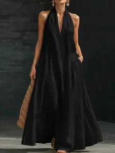 Elegant women's casual solid black V-neck sleeveless maxi dress for summer outfits