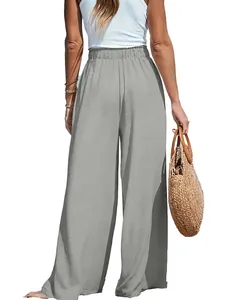 Detailed back view of women's grey high waist wide leg cotton linen casual pants