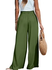 Detailed back view of green cotton linen high waist wide leg pants for casual women