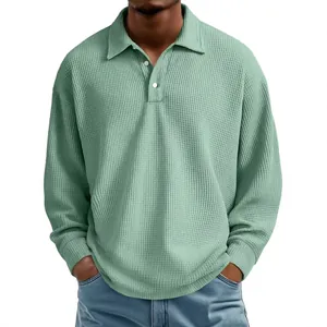 Men Waffle Knit Long Sleeve Polo Shirt Solid Color Casual Streetwear Top Regular Fit Lapel Neck Autumn Fashion Clothing