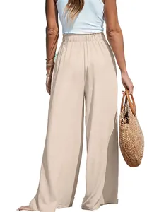 Detailed rear view of casual high-waisted cotton linen wide-leg pants for women