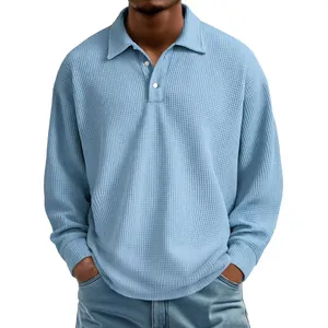 Men's light blue long sleeve waffle knit polo shirt with casual street style