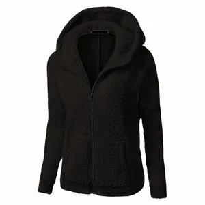 Cozy solid black fuzzy zip-up hoodie for women featuring plush texture and hood