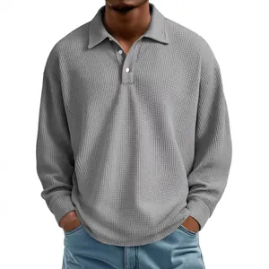Men's grey waffle knit long sleeve polo shirt in a relaxed street style design