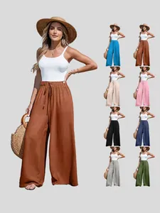 Women Cotton Linen Wide Leg Pants Bottom High Waist Drawstring Loose Breathable Casual Trousers Solid Color Holiday Pants