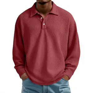 Men's waffle knit long sleeve polo shirt in maroon solid color with buttons