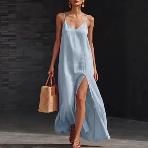 Γυναικείο Καλοκαιρινό Casual Maxi Φόρεμα με Λαιμόκοψη V Μονόχρωμο Χαλαρή Εφαρμογή Πλευρικό Σκίσιμο Φόρεμα Παραλίας Διακοπών