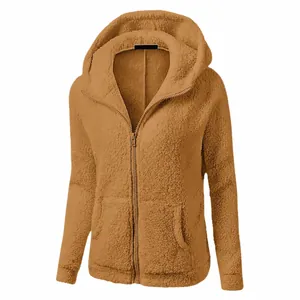 Women's oversized brown fleece hooded jacket with front zipper for autumn and winter.