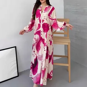 Bohemian floral printed maxi dress with long sleeves and elegant V-neck design