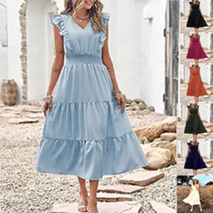 Bohemian V-neck sleeveless ruffled tiered dress in light blue and multiple colors
