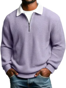 Detailed view of the lavender waffle knit polo shirt featuring a contrast white collar.