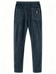 Vintage corduroy straight-leg casual pants in dark blue with elastic waist