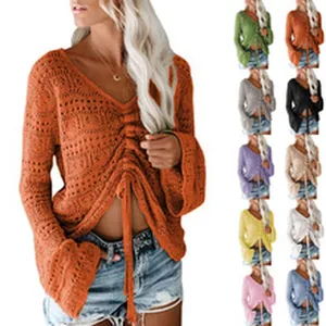 Bohemian V-neck crochet knit top with drawstring front and flare sleeves in multi-colors
