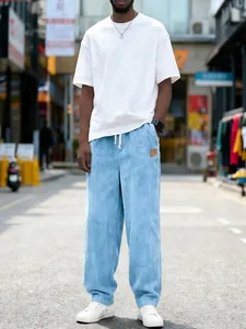 Men's light blue corduroy drawstring loose casual pants in street style