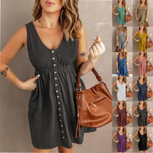 Detailed view of casual women's V-neck sleeveless button-down dress available in multiple colors