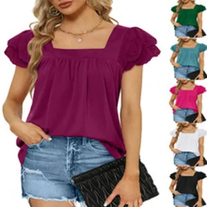Women's casual square neck ruffle short sleeve blouse available in various vibrant colors